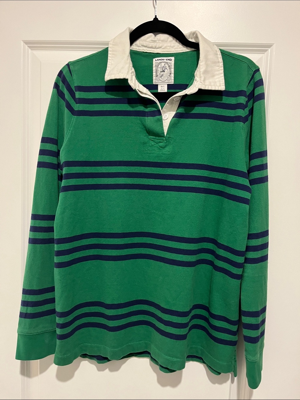 Lands' End Green with Navy Stripe Rugby Shirt